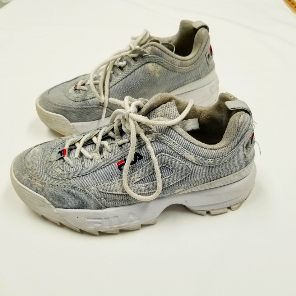 Fila men's Denim Bleach Dye‎ Chunky Sneaker Shoe Size 5.5 (ladies 7-7.5)